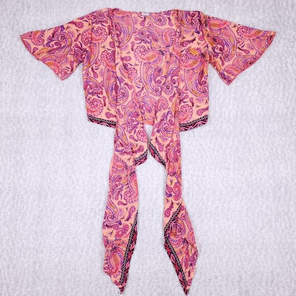 Silk Blend Blouse Sz L Pink Paisley Tie Front Butterfly Sleeve Boho Summer Flowy - Picture 1 of 9